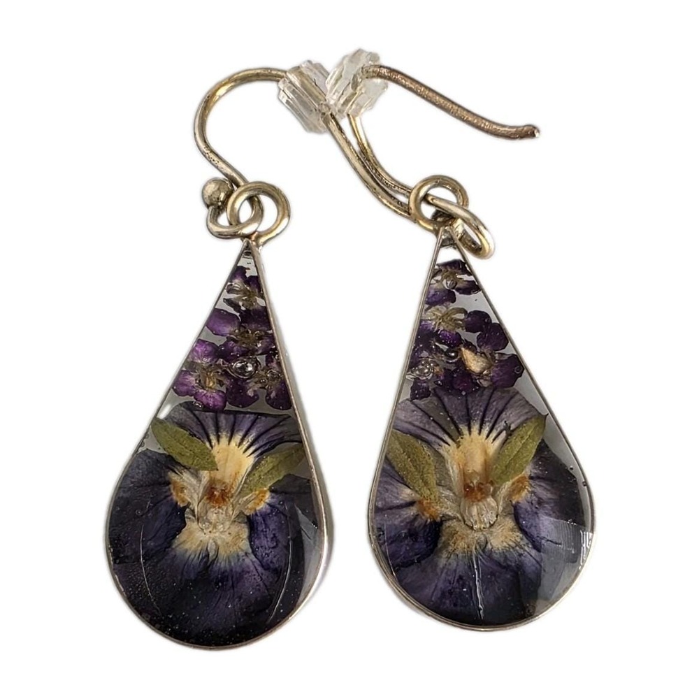 Vintage Mexico ATI 925 Sterling Silver Real Flower Resin Teardrop Earrings